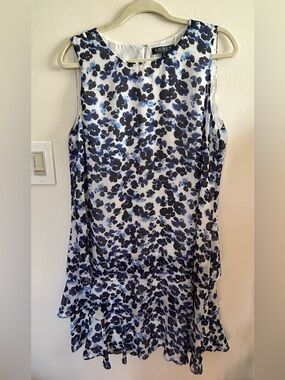 Lauren Ralph Lauren Blue and Black Floral Sleeveless Tiered Dress Size 14